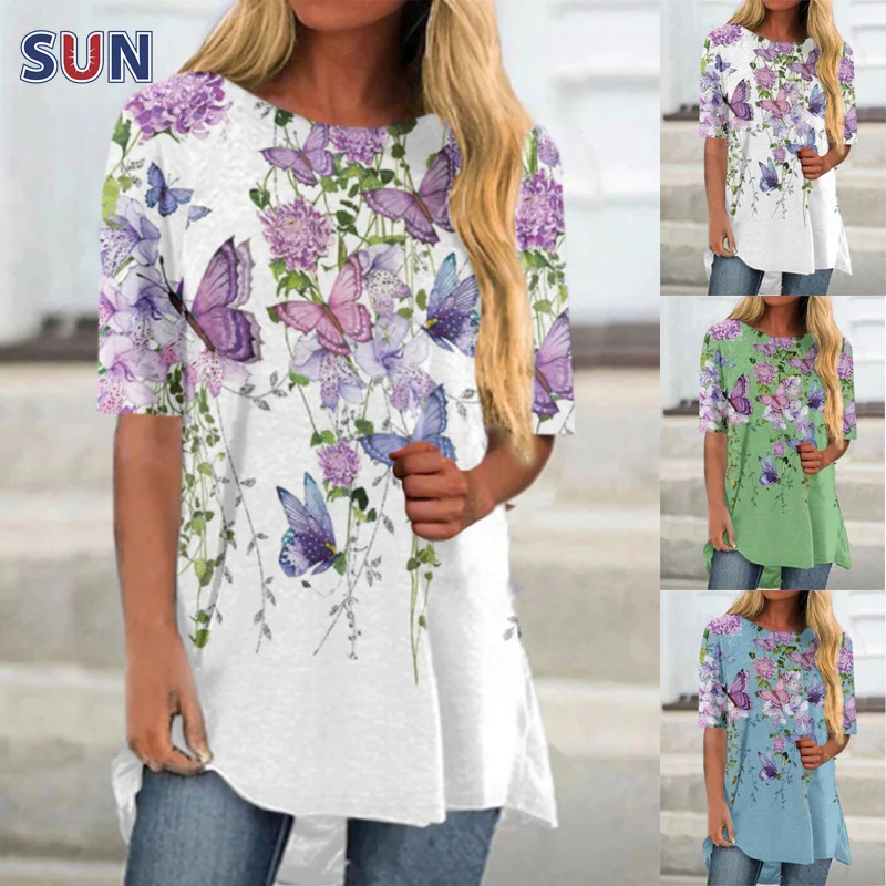 

Hot Sale Summer Loose Round Neck Ladies Butterfly Print Short Sleeve T-Shirt Fashion Casual Versatile Pullover Ladies TopT-Shirt