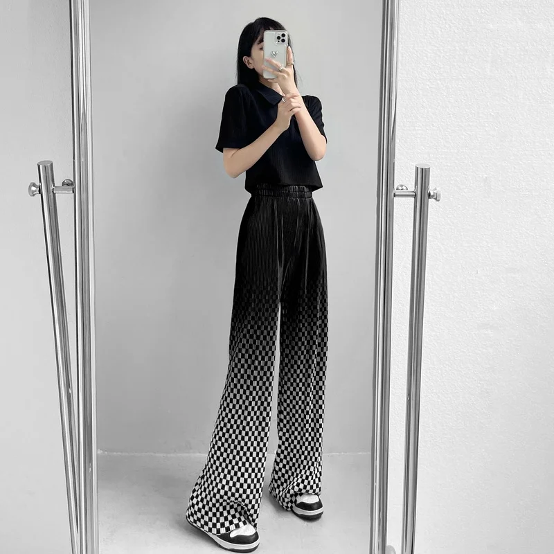 

Gradual Checkered Wide Leg Pants For Women 2023 New Style Versatile Chic Style Loose High-waisted Draping Straight Pants