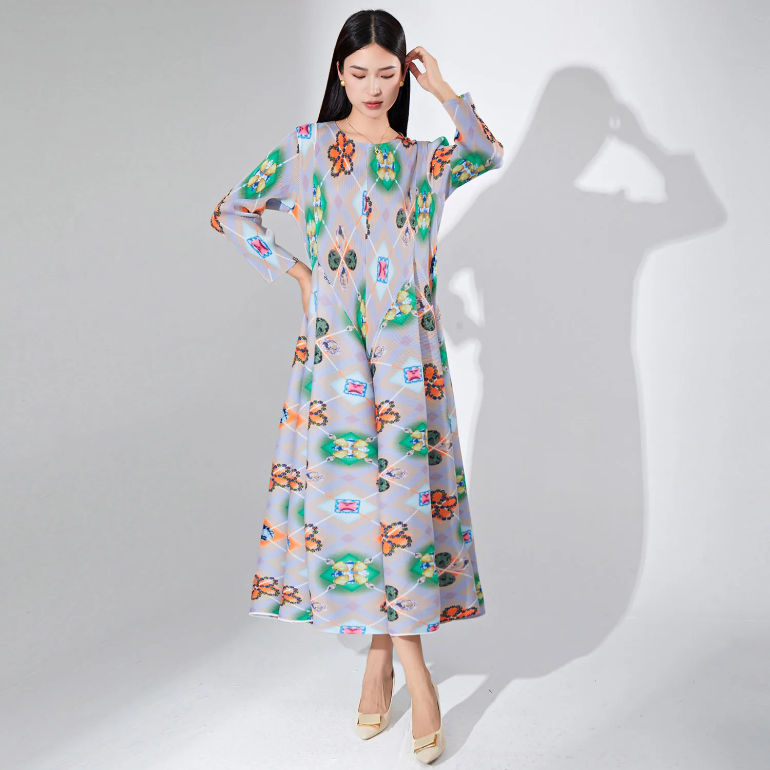 

Осеннее платье с длинным рукавом и круглым вырезом, свободное плиссированное платье-трапеция с принтом, 2023