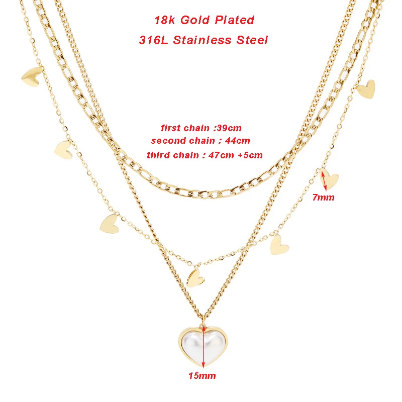 

2pcs 316L Stainless Steel Heart-Shaped Pearl Pendant Necklace For Women New Trend Luxury 3in1 Chains Choker Jewelry Party Gifts