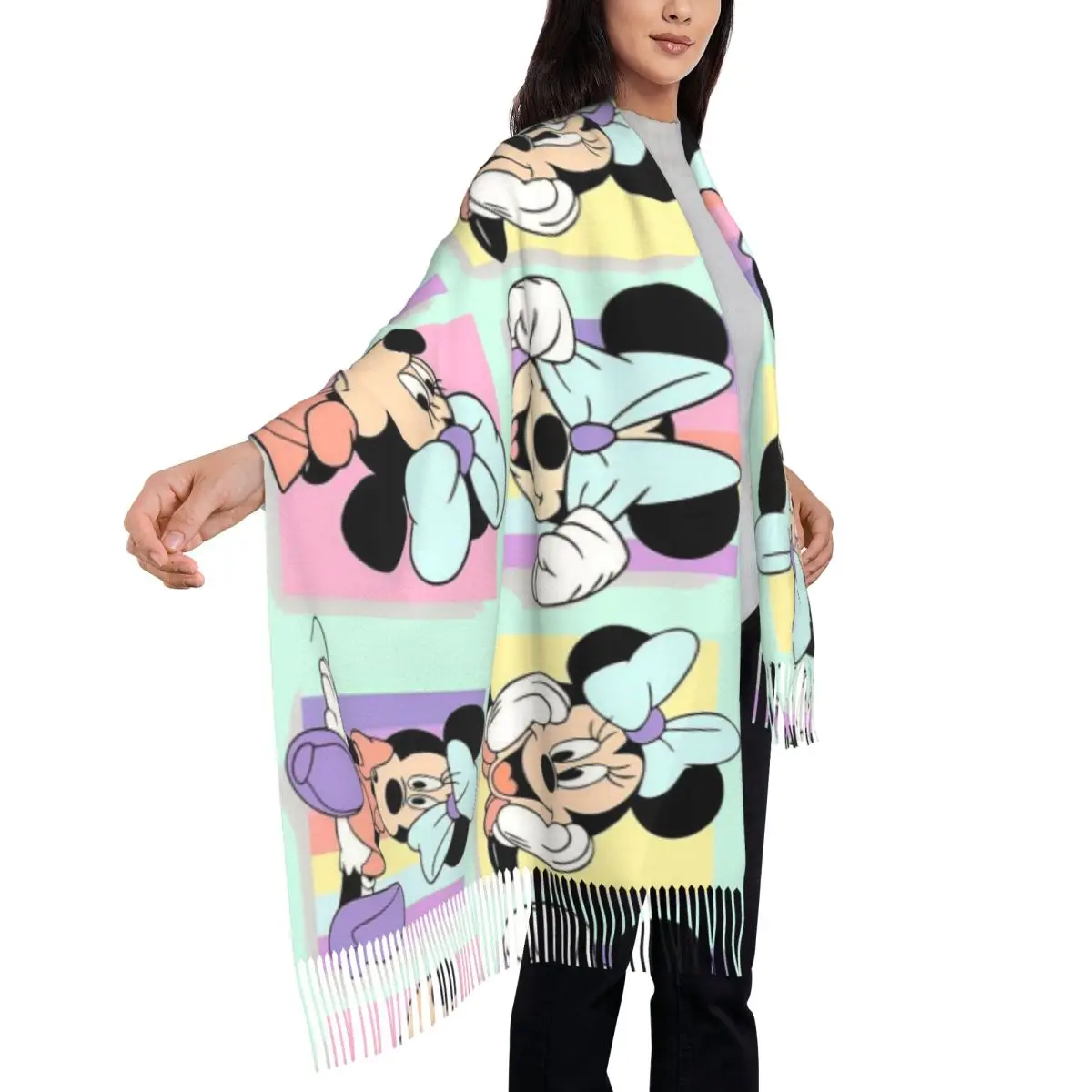 Custom Cute Minnie Mouse Anime Scarf Wrap for Women Long Winter Warm Tassel Shawl Unisex Scarves