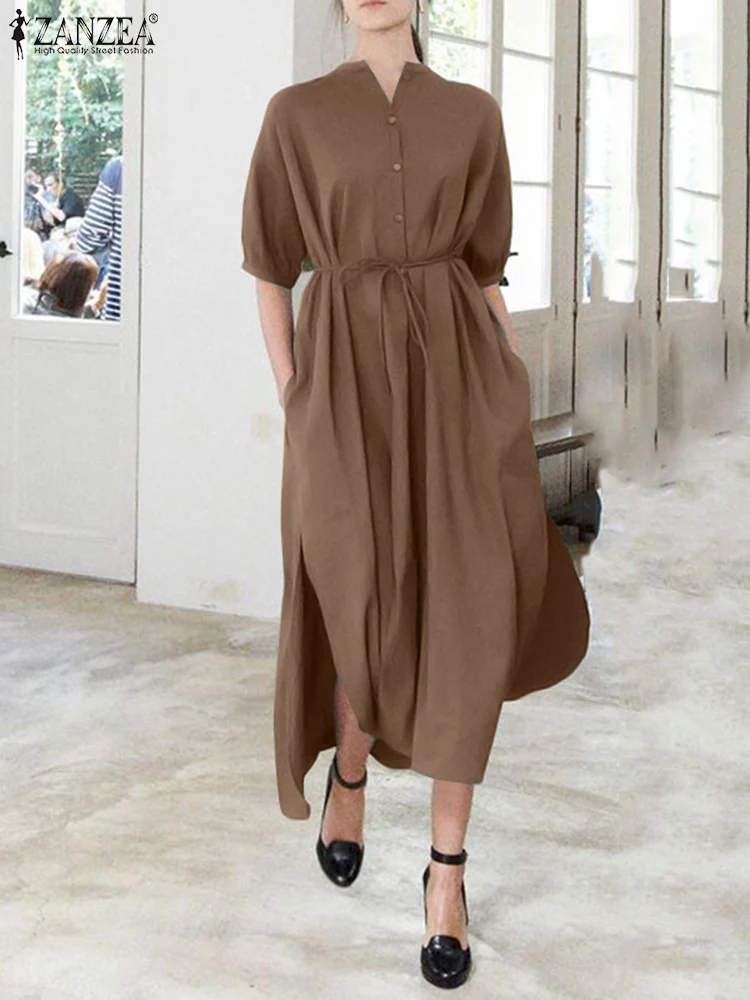 

O-Neck Short Sleeve Kleid Side Pockets Holiday Sundress Fashion Casual Elegant Work Robes ZANZEA Women Summer Solid Color Dress