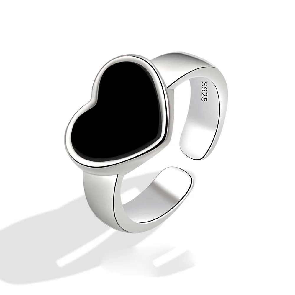 

Geometric Silver Black Heart Rings for Women Men Simple Korean Fashion Open Adjustable Handmade Ring Couple Engagement Gifts