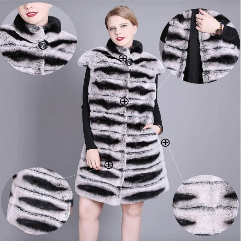 90CM Women Real Rex Vest Stand Collar Natural Chinchilla Color Rabbit Fur Waistcoat Sleeveless Jacket images - 6