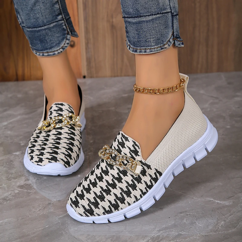 Houndstooth Loafers Woman Luxury Rhinestone Chain Buckle Moccasins Ladies Summer Breathable Knitted Slip-on Sneakers Plus Size