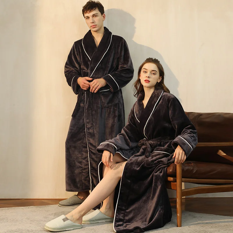 End of the year ins flannel Nightgown men's simple large coral velvet couple bathrobe women's autumn and winter long style thick