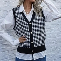 fashion v neck women button black houndstooth cardigan long sleeve sweater autumn winter knitted loose oversized jumper casual