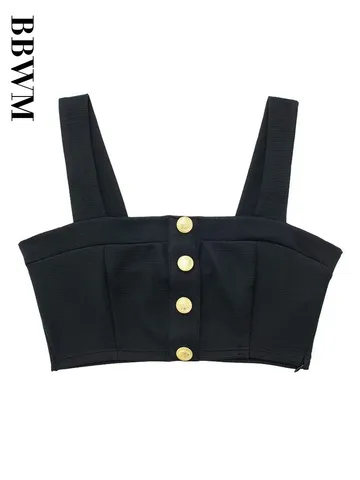 Women Summer Fashion Breasted Decorate Skirts Sets 2023 Female Straight Collar Sleeveless Strap Short Top Mid Waist A-Line Skirt