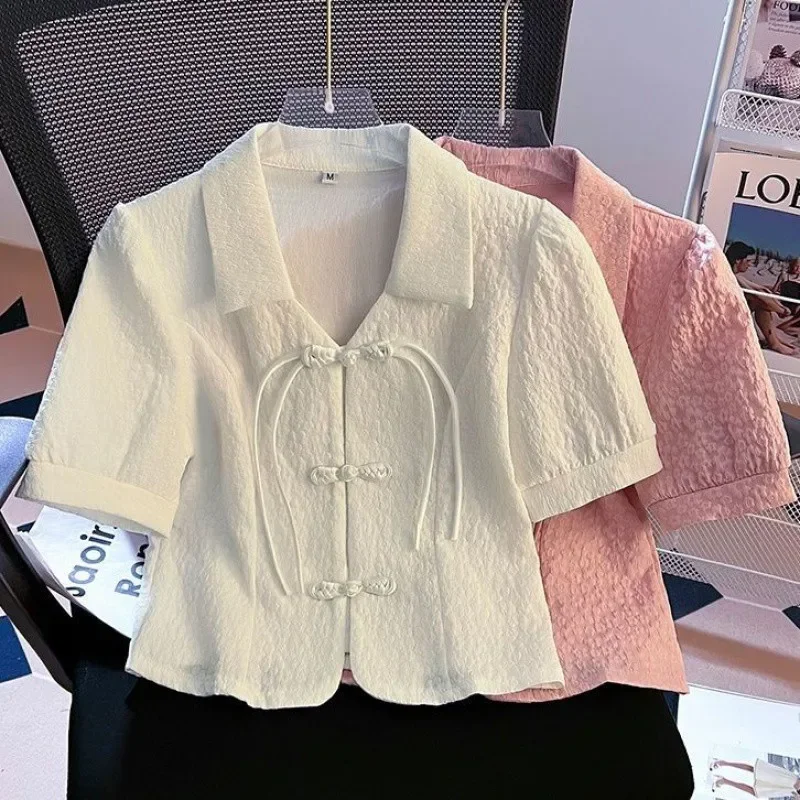 Petite Cropped Top Vintage Jacquard Short Sleeve Shirt Summer New Style Slimming Stylish Little Women's Button-Up