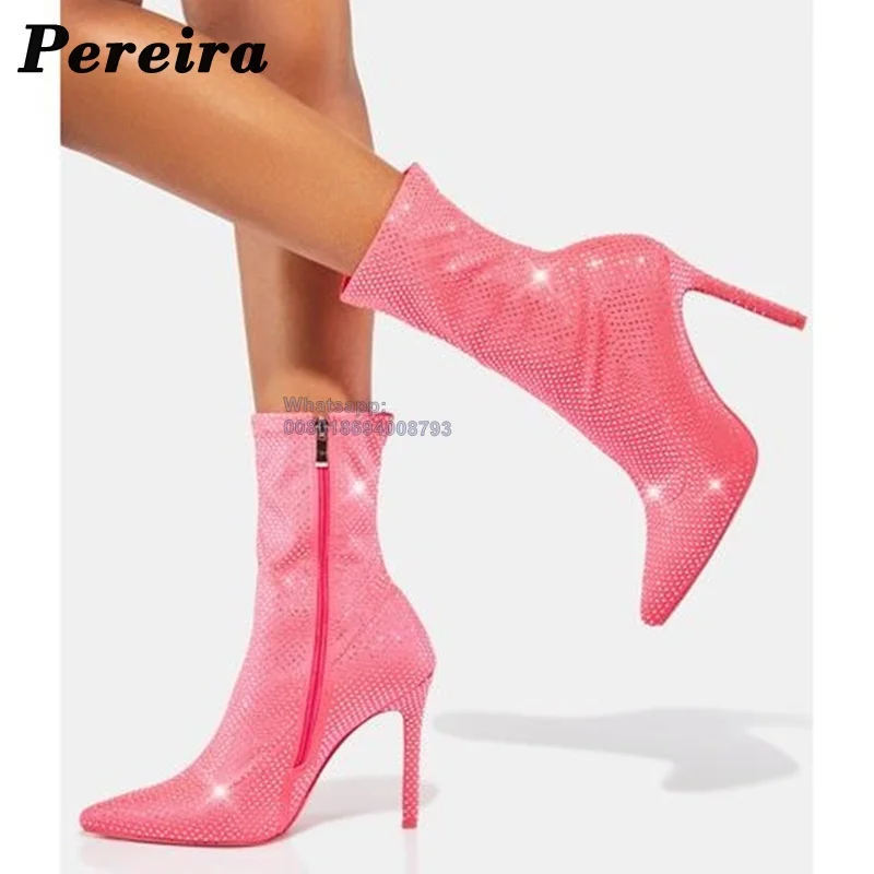 

Pereira Pointy Toe Pink Crystal Boots Zipper Shoes Stilettos High Heel Mid Calf Shoes on Heels Fashion Solid Boots for Women