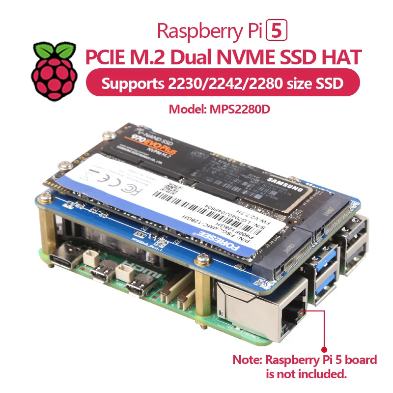 MPS2280D Raspberry Pi 5 PCIE M.2 Dual NVME SSD HAT с поддержкой твердотельного накопителя 2280/2242/2230