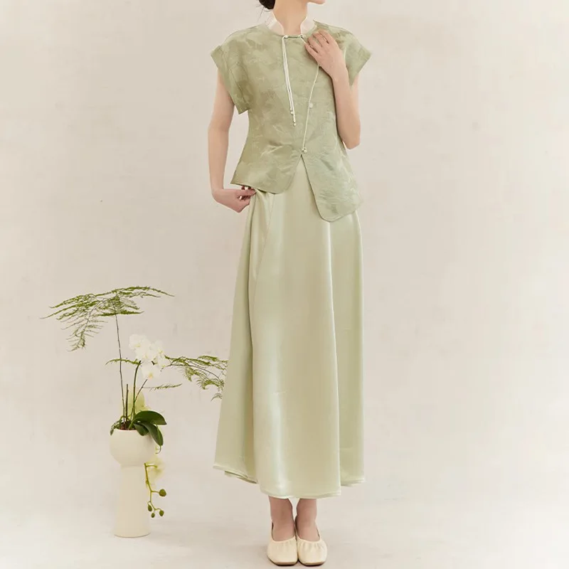 

New Chinese Blouse Summer Ethnic Style Silk Linen Lotus Pattern Jacquard Silk Zen Tea Women's Clothing