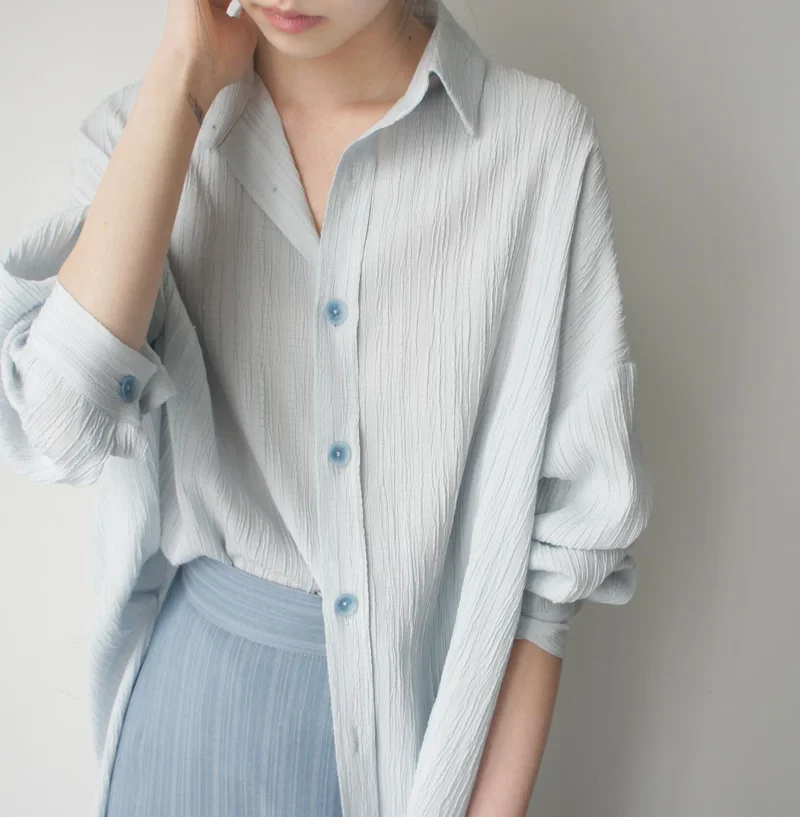 

Light Blue Dark Vertical Long Sleeve Elegant Shirt Loose Design Sense Gradient Buckle Chic Side Slit Womens Tops