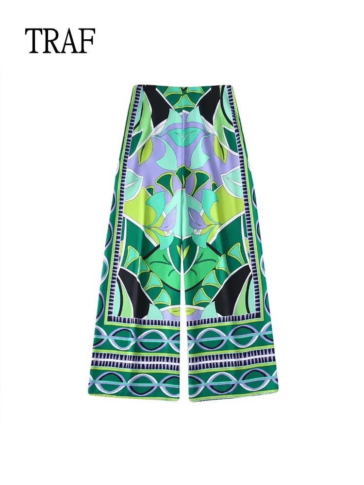 

TRAF Women Pants 2022 Summer Print Wide Leg Pants Vintage High Waist Casual Female Trousers Mujer Side Pockets Streetwear