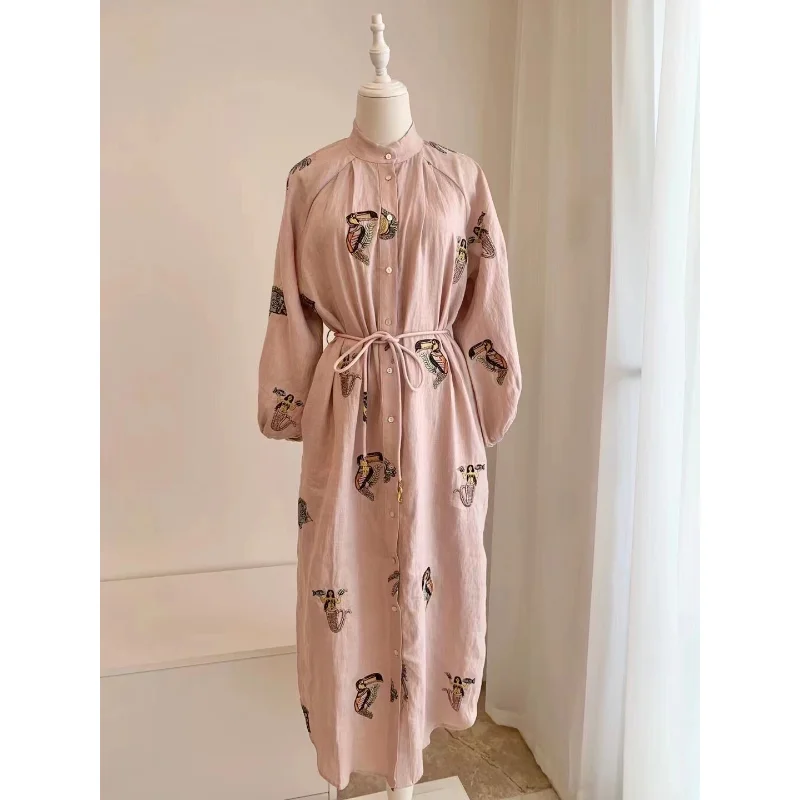 

Alem@is Women Stand Collar Long Sleeve Retro Character Embroidery Women Loose Pink Linen Shirt Dress