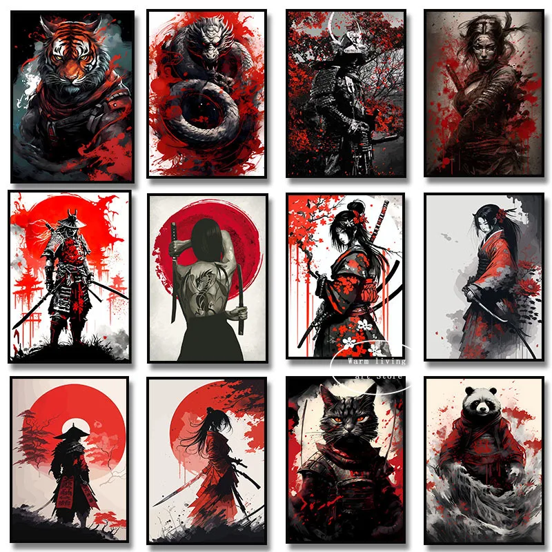 Винтажный Японский плакат самурая гейши Тигр дракон японский пейзаж холст