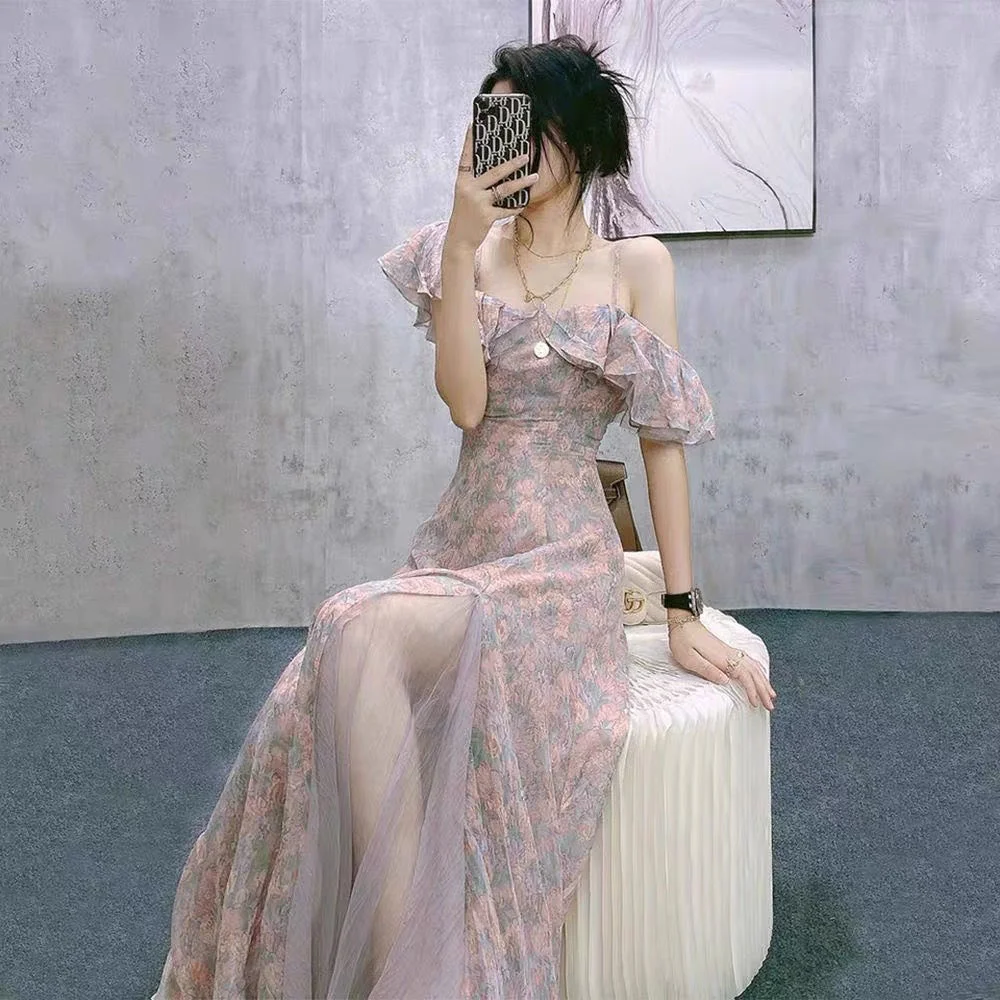 

Slash Neck Ruffles Dress Floral Printing Holiday Elegance Beach One Shoulder Long Fairy Summer A-line Long Vintage
