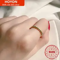 HOYON silver 925 real 100% 14K Gold Color Rhinestone Opening Adjustable Ring Green Micro-Inlaid Zircon Fine Ring for gift