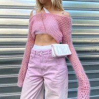 2022 summer y2k hollow out knitted crop top women long sleeve pink smock top cardigans chic tee streetwear outfit
