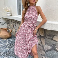2022 new summer womens halter sleeveless slit print sexy dress for ladies fashion a line casual chic floral long dress