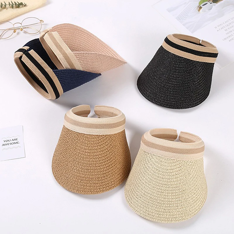 

Summer Sun Visor Women's Outdoor Sun Visor Handmade Straw Beach Hat Casual Sun Visor Empty Top Cycling Hiking Solid Fashion Hat