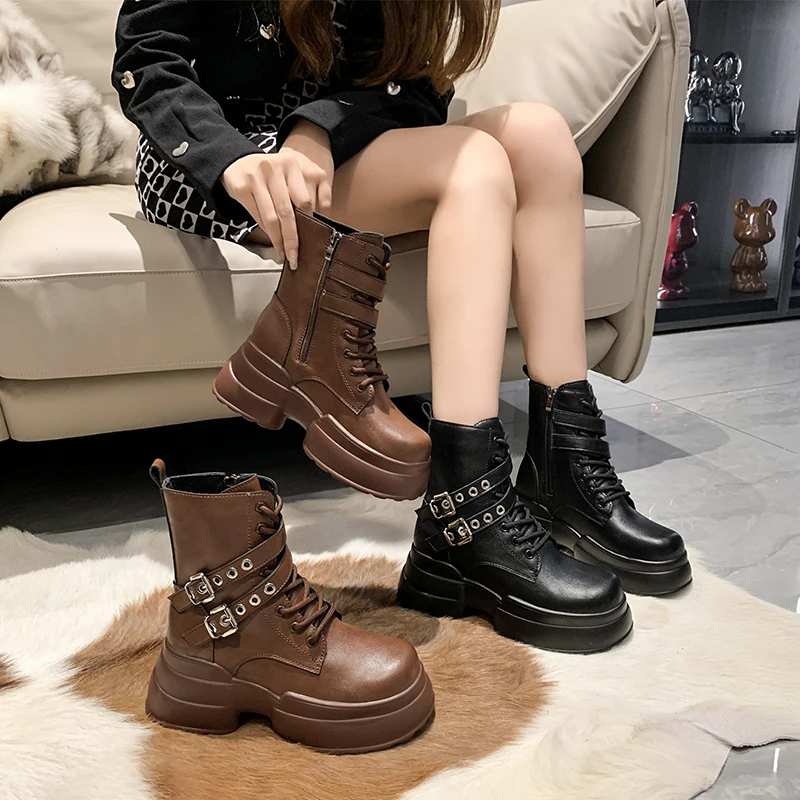 Women Leather Ankle Boots Winter Belt Buckle Platform Sneakers Comfortable Thick Sole Motorcycle Boots 9.5CM Woman Punk Boots