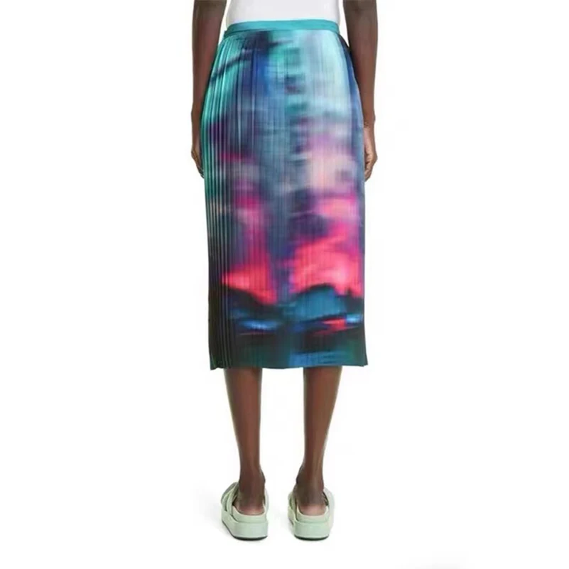 

2022 Autumn New Women High Waist Pleated Skirt Tie Dye Gradient Color Light And Shadow Print Ladies Midi Pleated Skirt