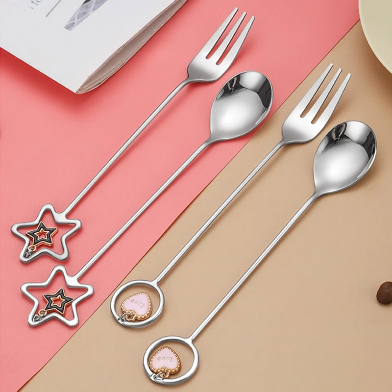 

Love/Star Pendant Mini Coffee Stirring Spoon Coffeeware Stainless Steel Dessert Fruit Fork Golden Tableware Decor for Kitchen