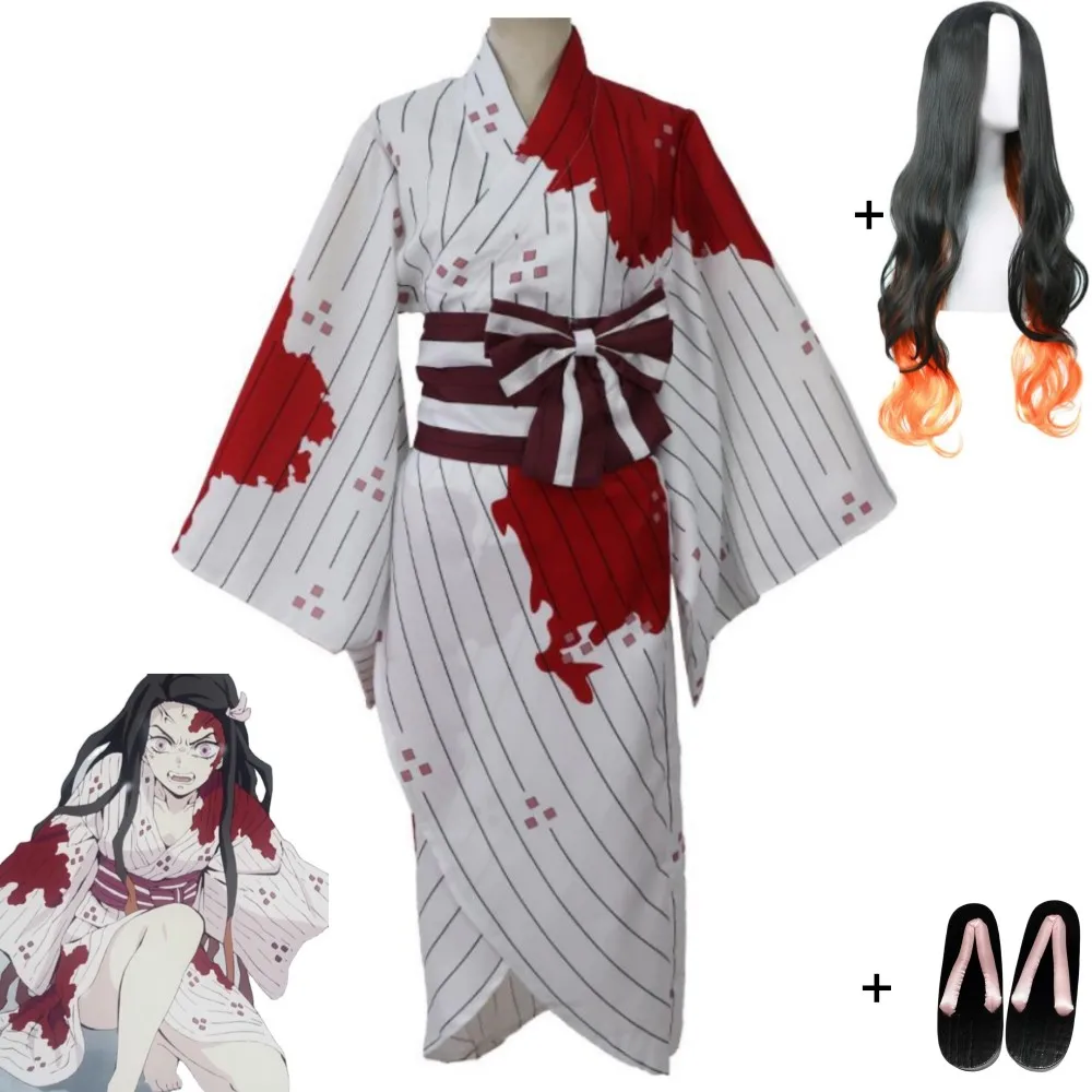

Anime Demon Slayer Kimetsu No Yaiba Kamado Nezuko Cosplay Costume Wig Clogs White Blood Stain Kimono Hallowen Uniform Suit