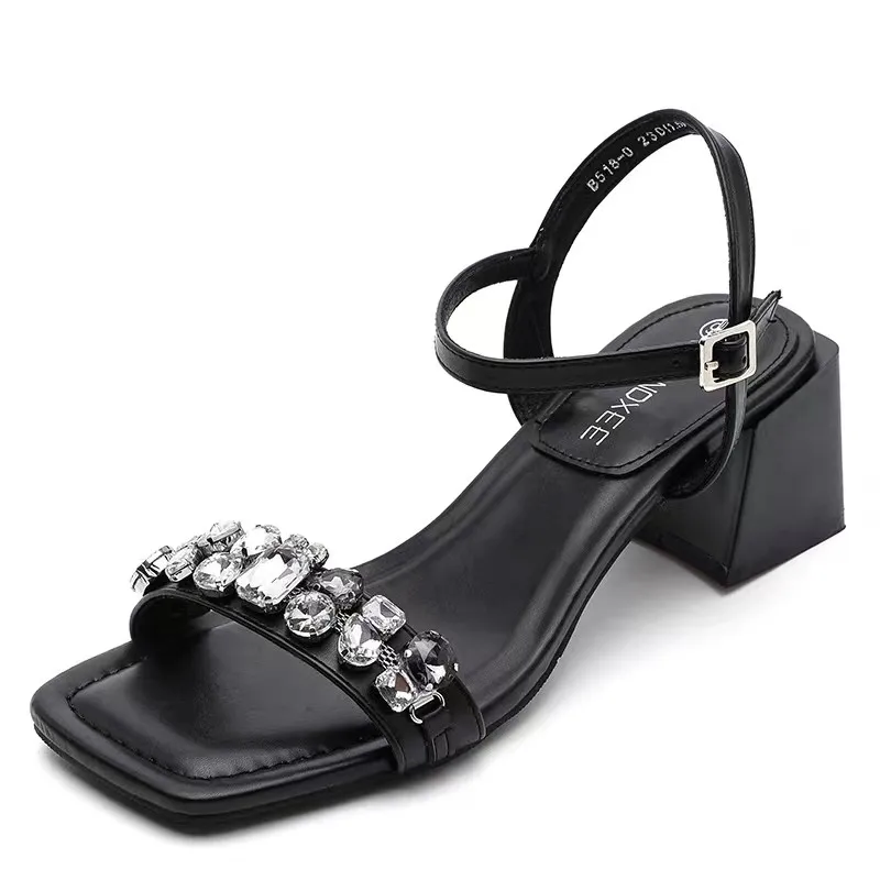 

Fashion Sandals Women Casual Square High Heels Shoes Woman Solid Buckle Strap Bling Shine Summer Sandals Plus Size Zapatos