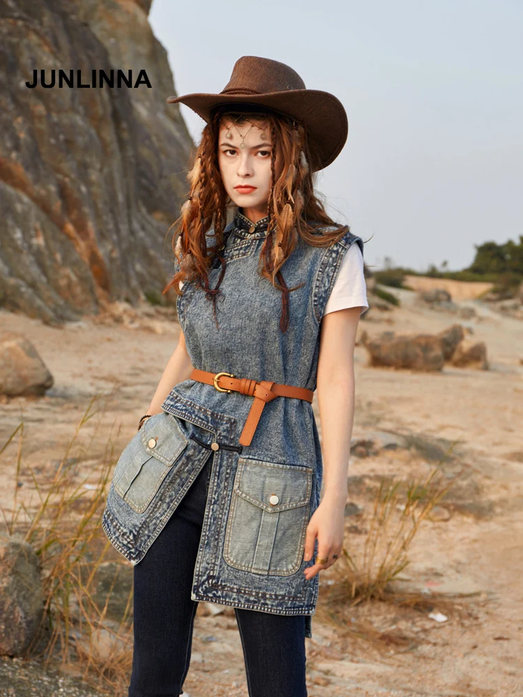 

JUNLINNA Cotton Women Dress 2022 Summer New Sleeveless Vintage Improved Cheongsam Jeans Fashion Mini Dress