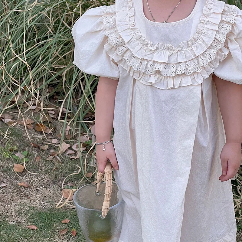 

Lace Princess Dresses Summer Fashion Turn-down Collar Puff Sleeve Pure Color Dress Cute Kid Girls Clothes Birthday Party