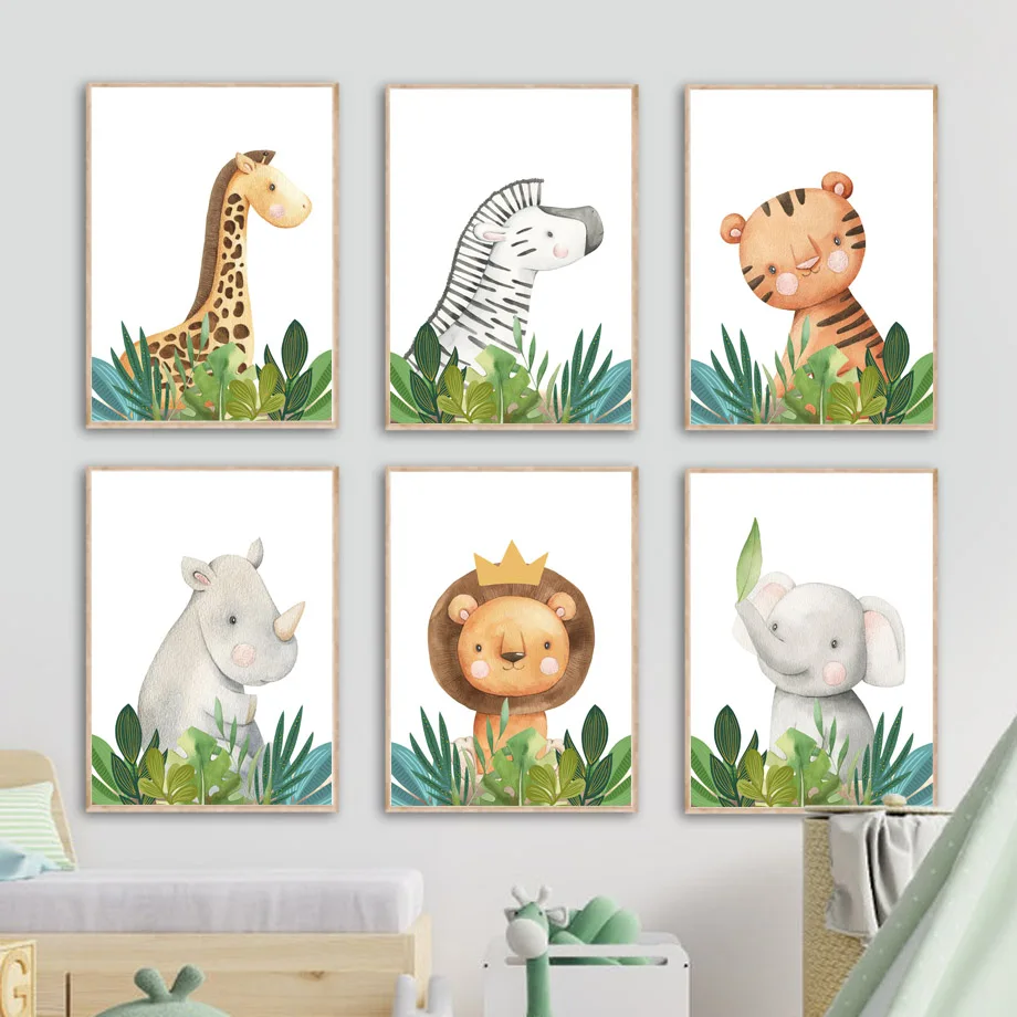 

Boho Cartoon Animal Tiger Rhino Giraffe Elephant Lion Nursery Poster Wall Art Print Canvas Painting Decor Picture Baby Kids Room