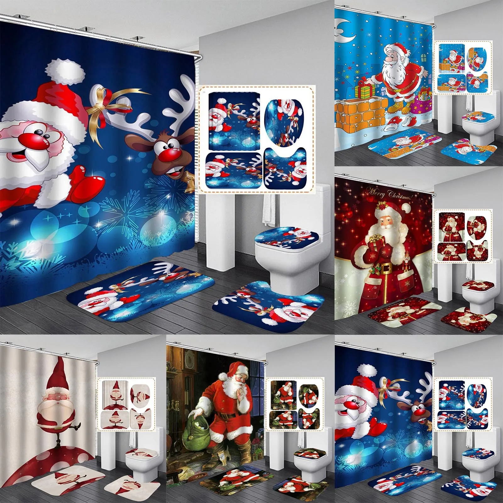 

Рождественское украшение для дома, Рождественская цифровая печать, душевая занавеска из полиэстера с Сантой, набор из четырех предметов