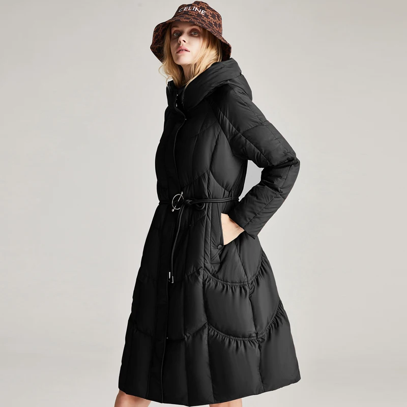 JAZZEVAR 2022 New Ladies Hooded Drawstring Waist Slim-fit Mid-length Winter Down Jacket Women's Warm Outwear