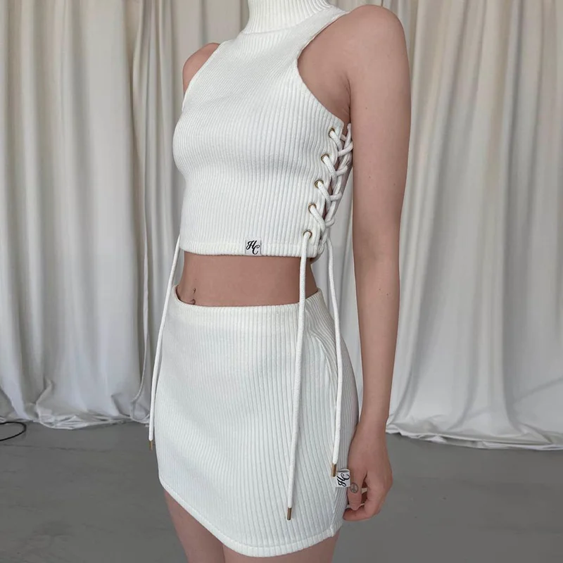 

Sylph White Knitting Suits For Women Bandage Sexy Crop Top Mini Dress 2 Pieces Matching Sets Spring Summer Party Y2K Elegant Set