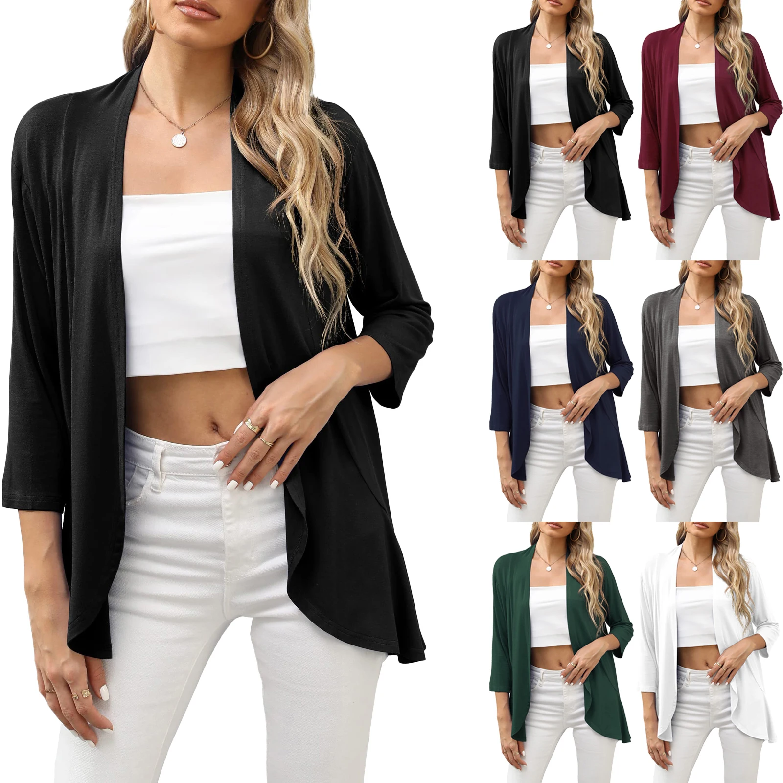 

2022 Women's Three Quarter Sleeve Cardigan Open-Front Solid Color Ruffled Drop Hem Tops, Casual Street Style Thin Outwear