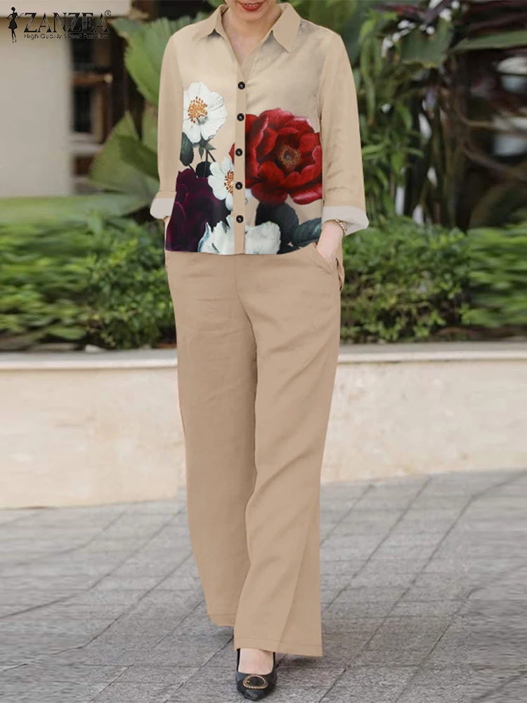 ZANZEA осенние модные женские комплекты из 2 предметов повседневные блузки с