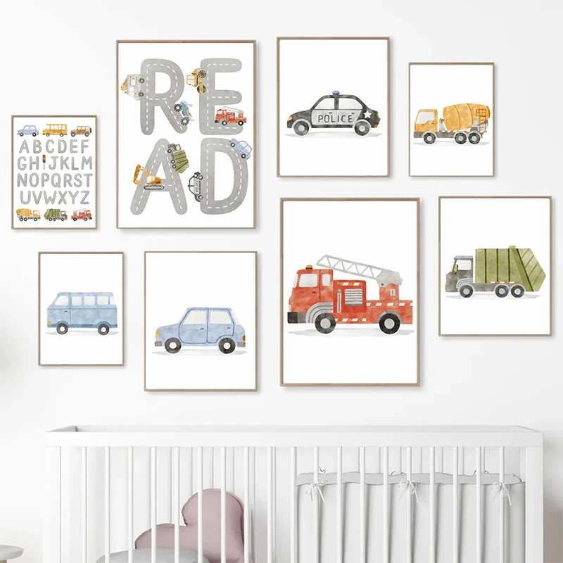 Алфавит такси пожарная машина автобус настенные художественные плакаты принты