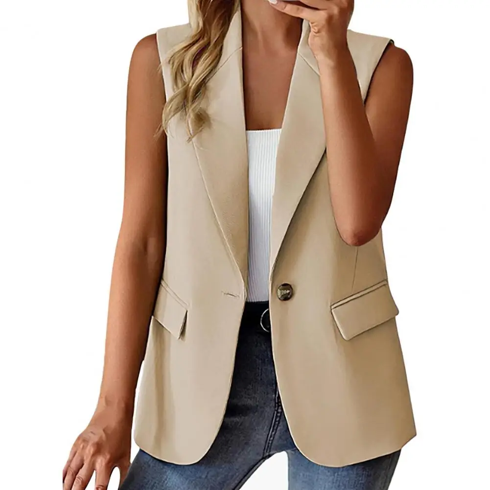 

Women Summer Waistcoat Sleeveless Business Vest Coat Solid Color Lapel Pockets Single Button Formal Coat