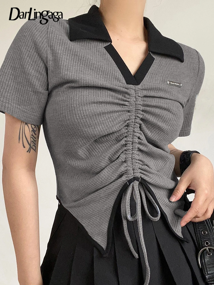 

Кроп-топ Darlingaga Женский на шнуровке, Повседневная Базовая футболка с асимметричным подолом, тонкая футболка в Корейском стиле, милый контрас...