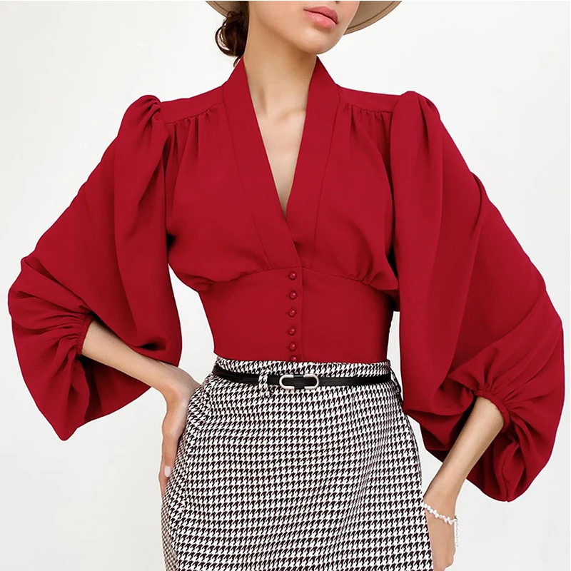 

Vintage Blouses For Women 2023 Fashion Lantern Long Sleeve Buttons Front Crop Tops Sexy V-neck Shirts French Party Blusas