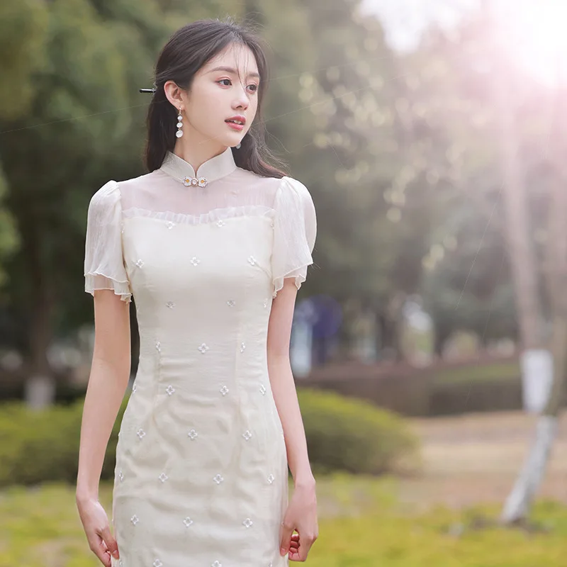 Transparent Improved Cheongsam Embroidery Loose Sleeve Sexy Vintage Dress Slim Wedding Costumes Qipao S To XXL