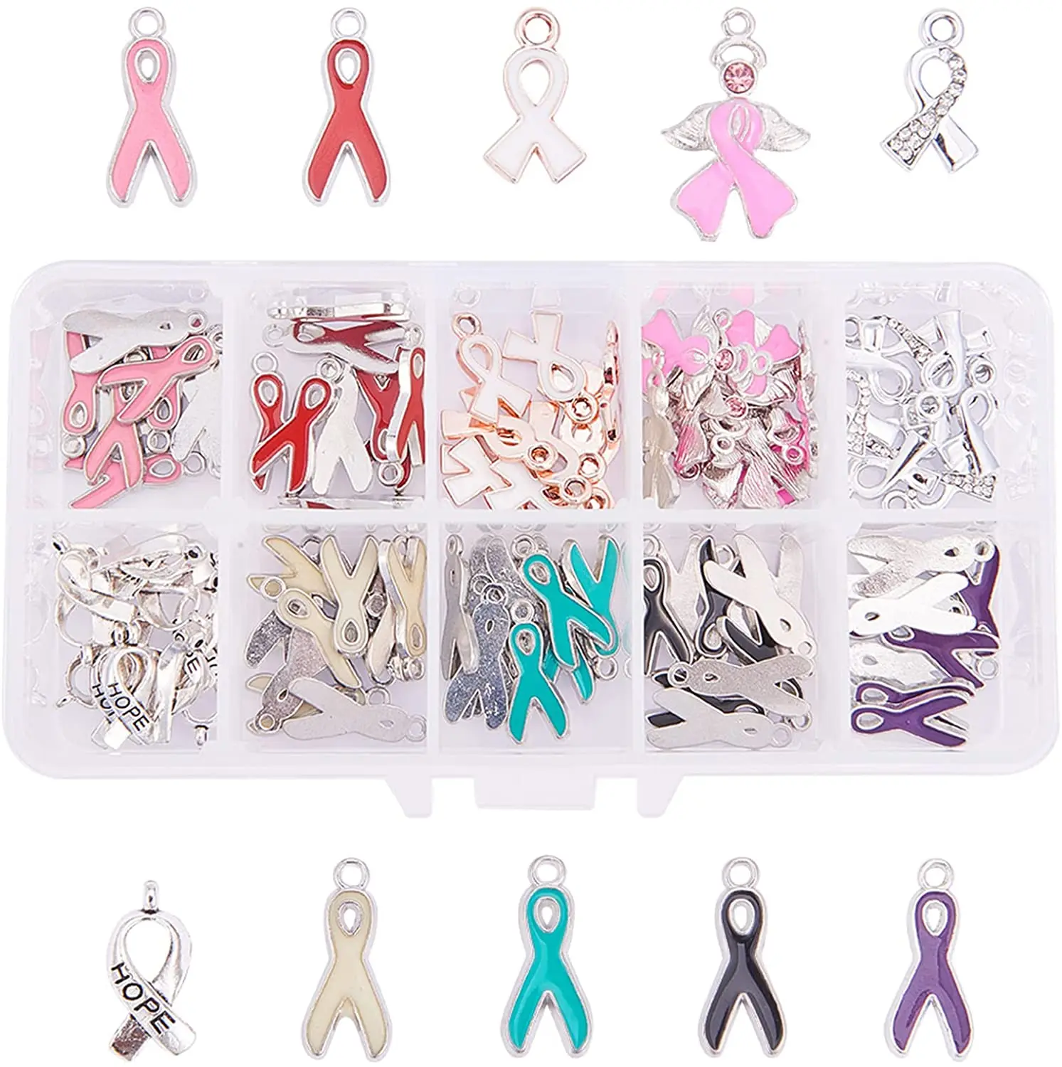 

NBEADS 60PCS Ribbon Pendants 10-12Styles Colorful Alloy Ribbon Pendants Enamel Awareness Dangle Charms Beads for Earring DIY