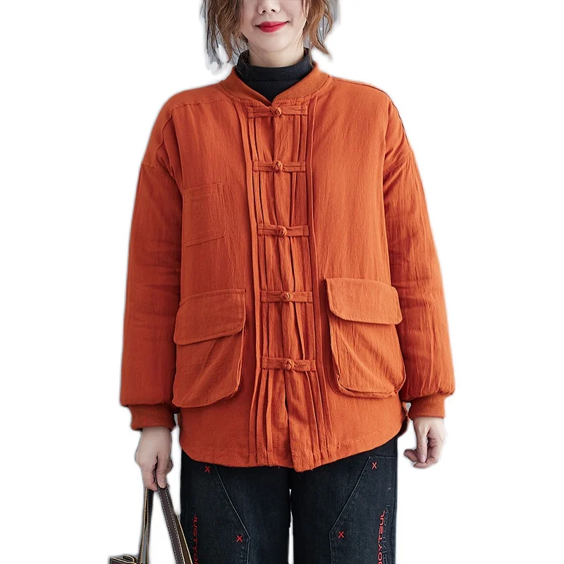 Women's autumn and winter linen cotton cotton coat 2022 new top loose buckle thickened cotton linen cotton coat short coat