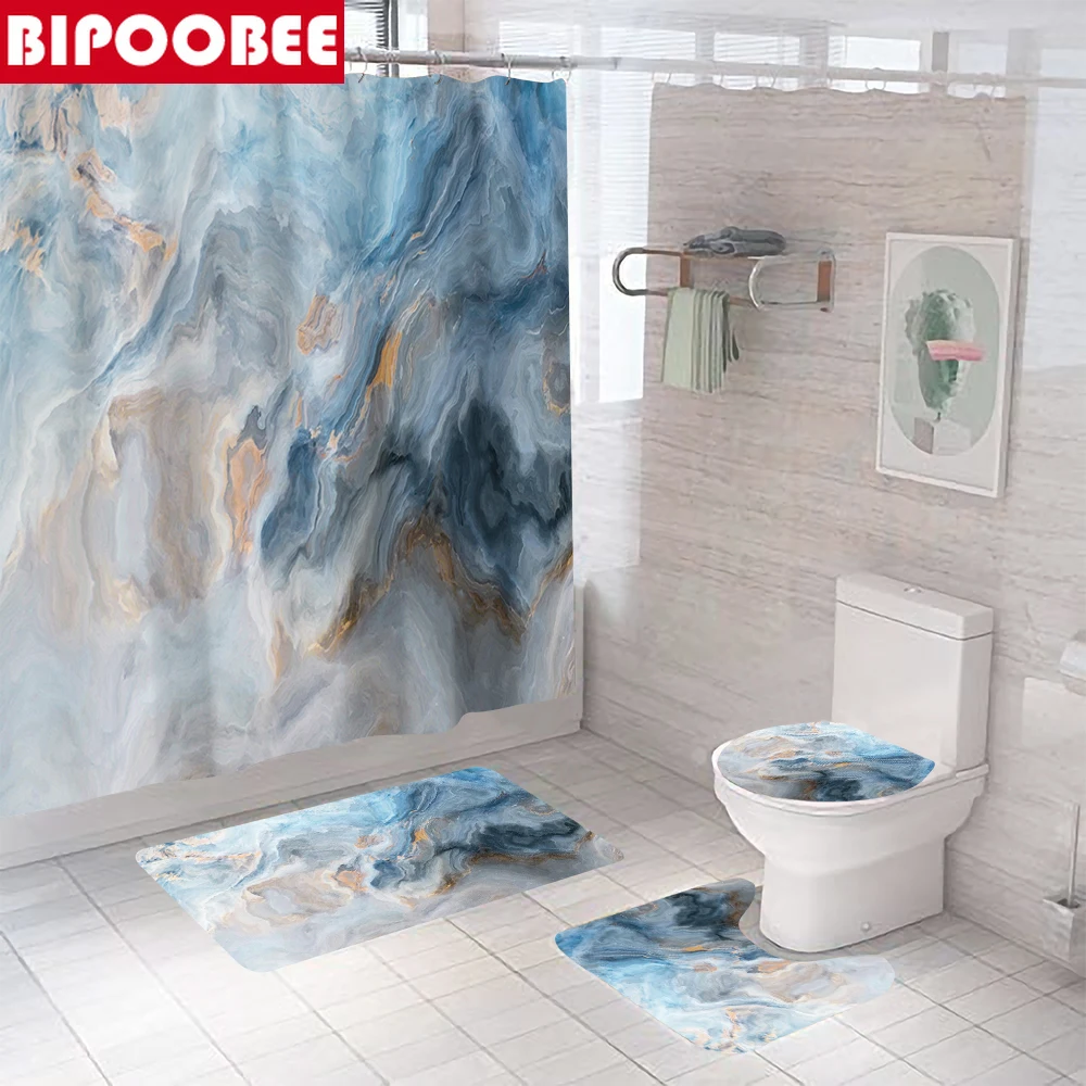 

High Quality Marbled Shower Curtain Waterproof Polyester Bathroom Curtains Stone Pattern Bath Mat Toilet Non-Slip Rug Home Decor