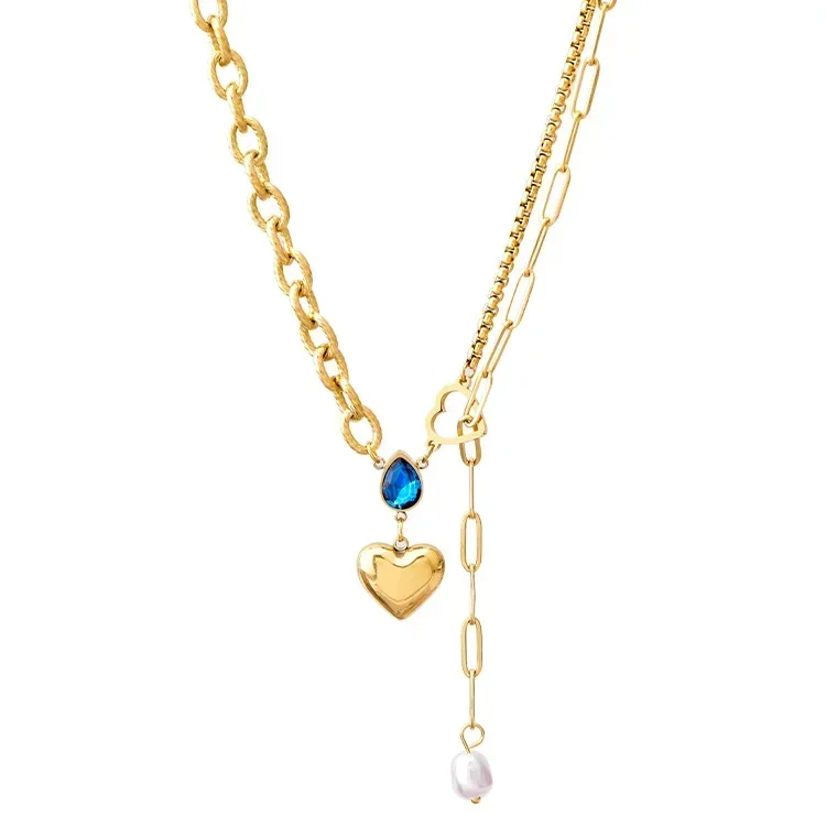2023 синяя капля воды циркон ожерелье в форме сердца кулон с жемчугом и кисточкой