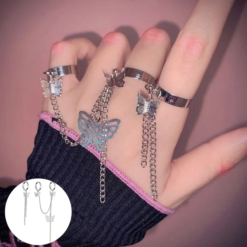 Vintage Butterfly Chain Ring Set Gothic Punk Metal Open Rings for Women Men Hip Hop Finger Rings Party Gift Jewelry 2022 New