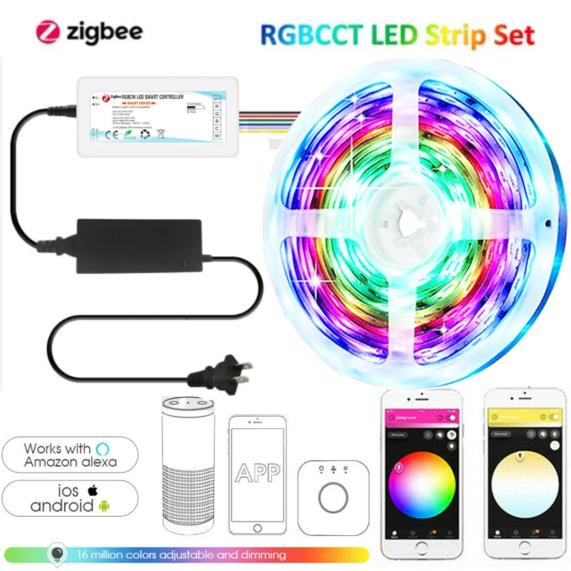 

Zigbee3.0 Controller Smart DC12V/24V 5m/10m 5050 90leds/m RGBCCT Led Strip Lights for Room Smarthings Echo Plus tuya hub z2mqtt