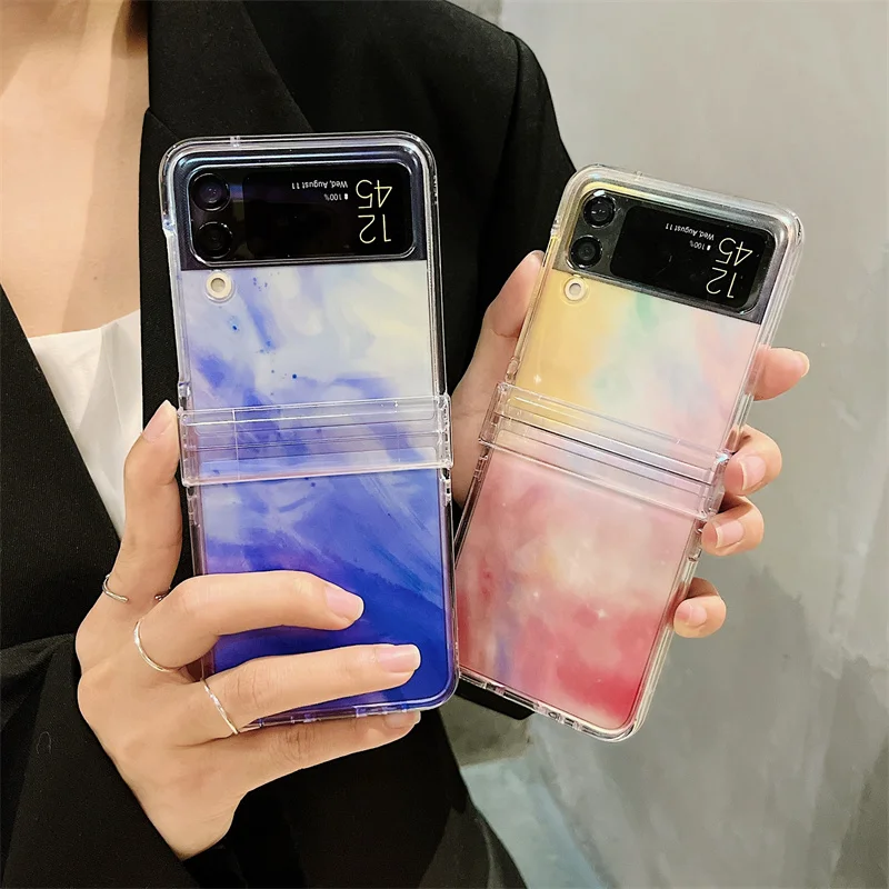 

Gradient Watercolor Painting Phone Case For Samsung Galaxy Z Flip 4 3 Cover Clear Hinge Hard Cases For Z Flip3 Flip4 5G Funda